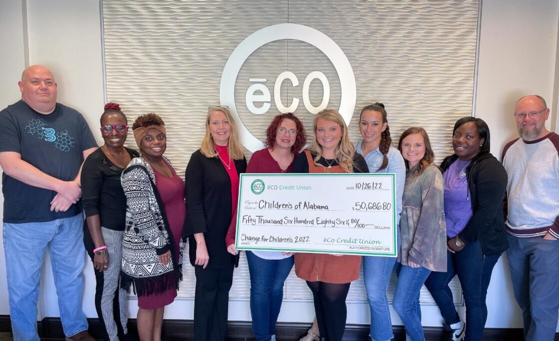 ēCO Credit Union employees present the check for Children’s of Alabama ēCO Credit Union raises over $50,000 for Children’s of Alabama