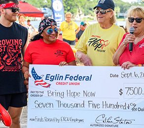 Eglin Federal Credit Union donates over $50,000 to support suicide prevention by sponsoring Bring Hope Now’s Dragon Boat Race and Festival for the third consecutive year