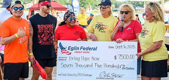 Eglin Federal Credit Union donates over $50,000 to support suicide prevention by sponsoring Bring Hope Now’s Dragon Boat Race and Festival for the third consecutive year