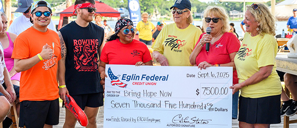 Eglin Federal Credit Union donates over $50,000 to support suicide prevention by sponsoring Bring Hope Now’s Dragon Boat Race and Festival for the third consecutive year