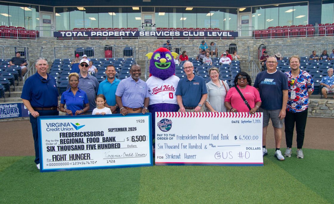 Strikeout Hunger 2026: Virginia Credit Union and Fredericksburg Nationals Make $13,000 Donation to Fredericksburg Regional Food Bank